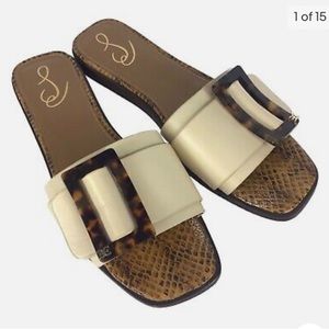 Sam Edelman Inez Ivory White Cream Tortoise Shell Buckle Slide Sandals Size 11